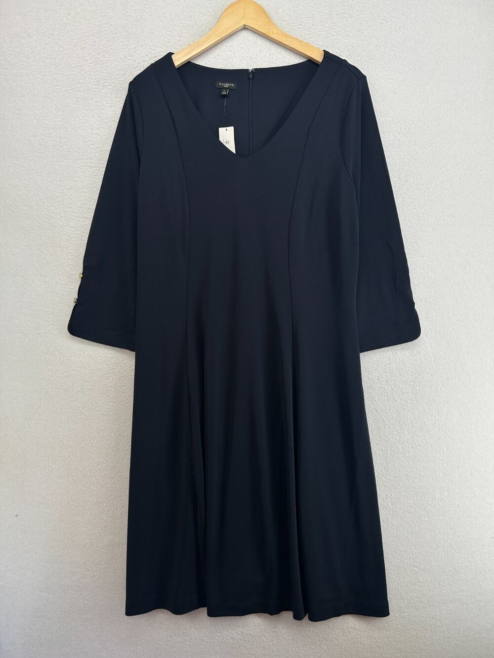 TALBOTS Dress 1X Plus Ponte Knit V-Neck 3/4-Sleeve Fit & Flare A-Line Blue NEW